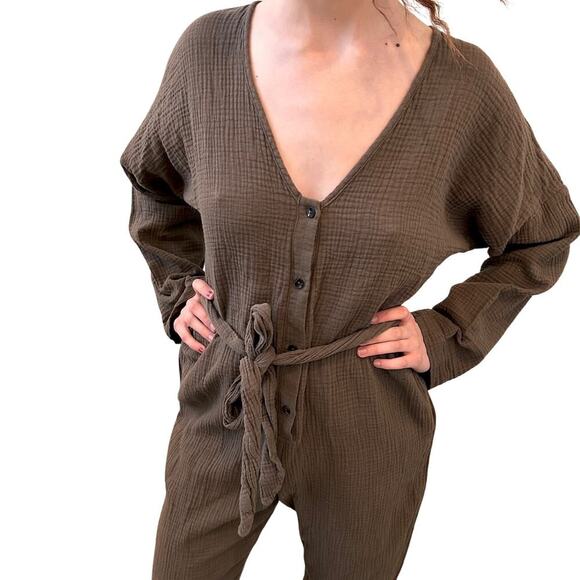 Stillwater Gauzy Boho Waffle Knit Romper Jumpsuit Dolman Sleeve Chocolate MED - Picture 2 of 7